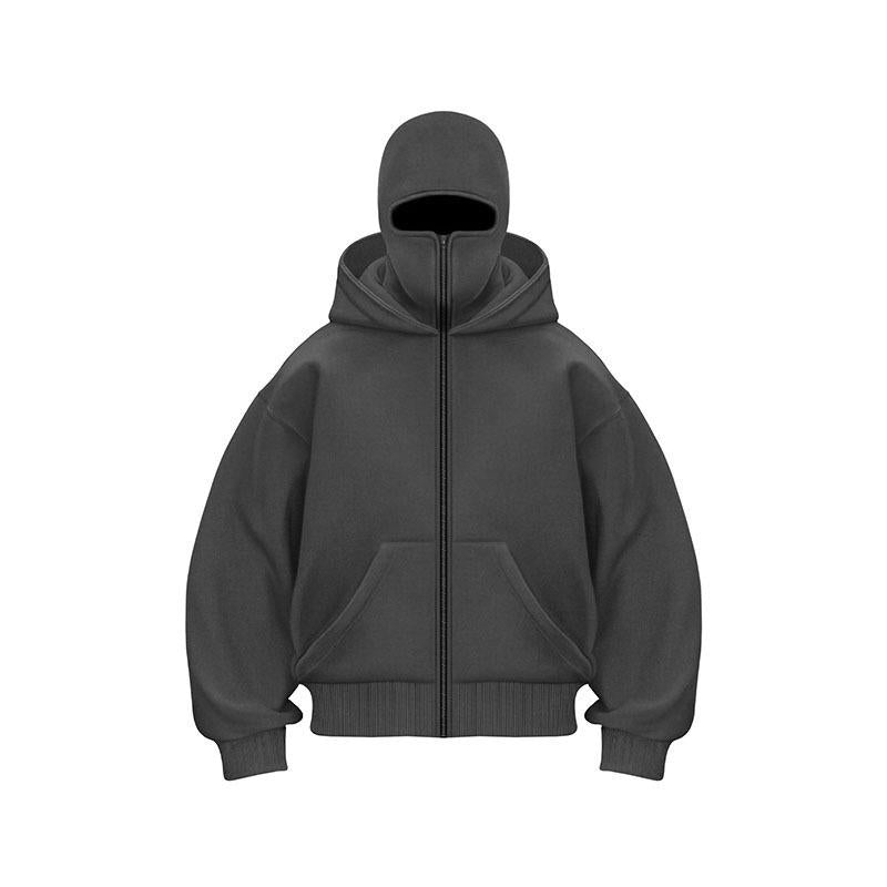 Balaclava Hoodie with Built-In Zip - Black Polyester Long Sleeve Men'S Athletic Sweatshirt for Autumn Winter Sports & Casual Wear